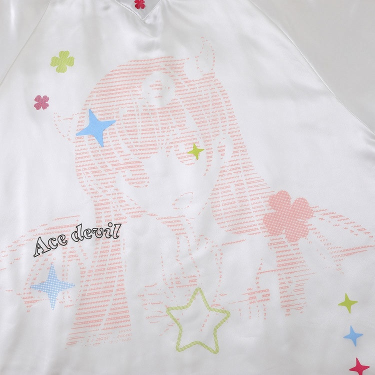 Blue/Pink Oversized Satin Short Sleeve T-Shirt with Clover