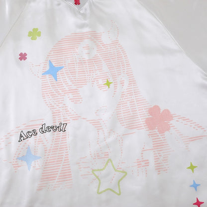 Blue/Pink Oversized Satin Short Sleeve T-Shirt with Clover