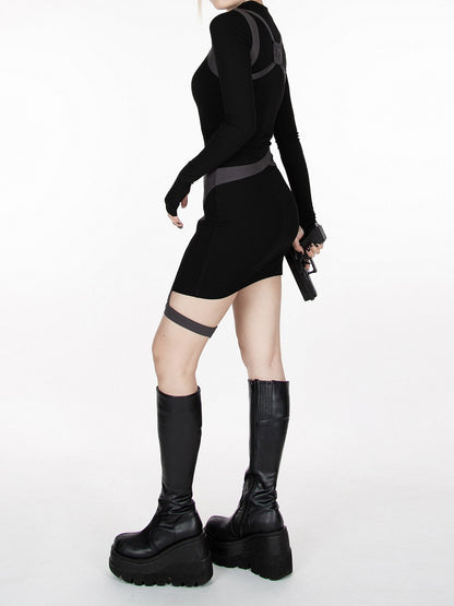 Cyberpunk Futuristisches Kleid mit Schnallenriemen in Schwarz und Grau, Taillengürtel und Harness, All-in-One mit Strumpfband