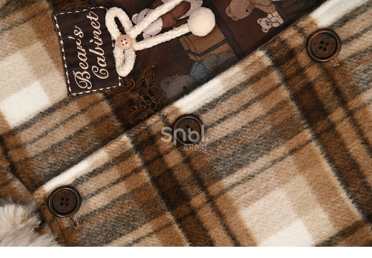 Brauner Wollmantel mit süßer Bären-Applikation und kariertem Kapuze, kurze Version