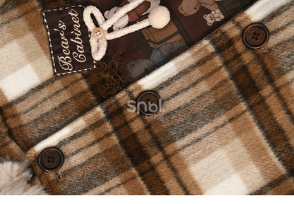 Brauner Wollmantel mit süßer Bären-Applikation und kariertem Kapuze, kurze Version