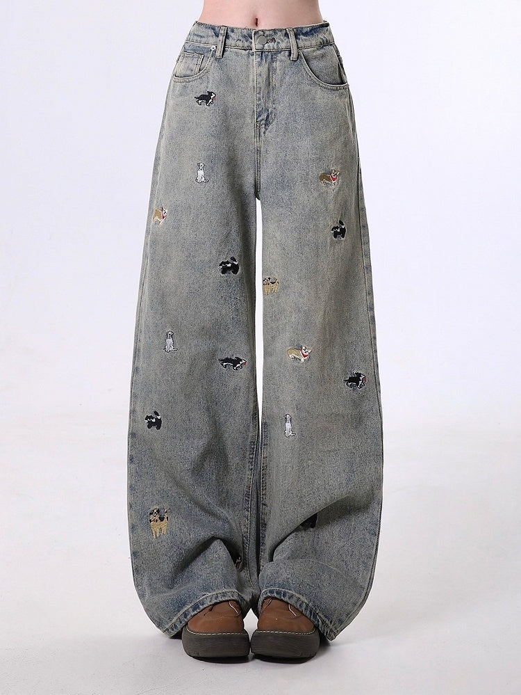 Embroidered Design Black/Blue Straight-Leg Jeans Dog