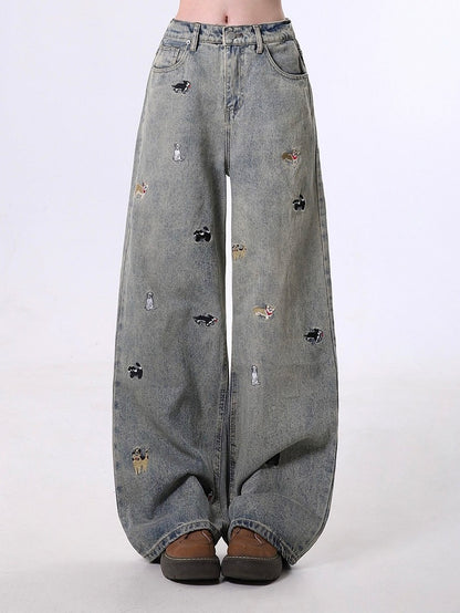 Embroidered Design Black/Blue Straight-Leg Jeans Dog