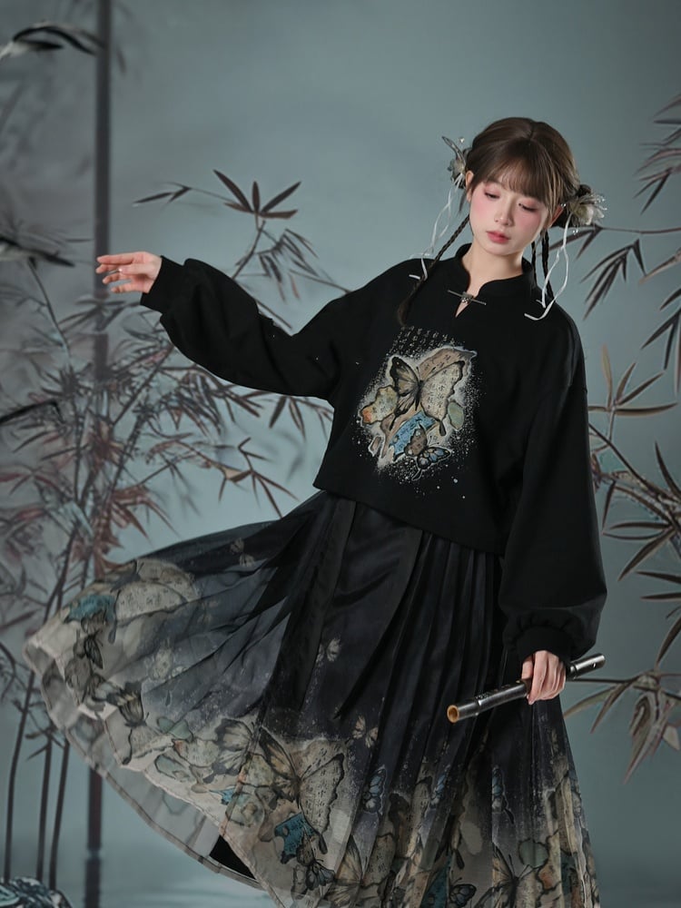 Banded Butterfly Print Sweatshirt Collar Style Cheongsam Black/Apricot