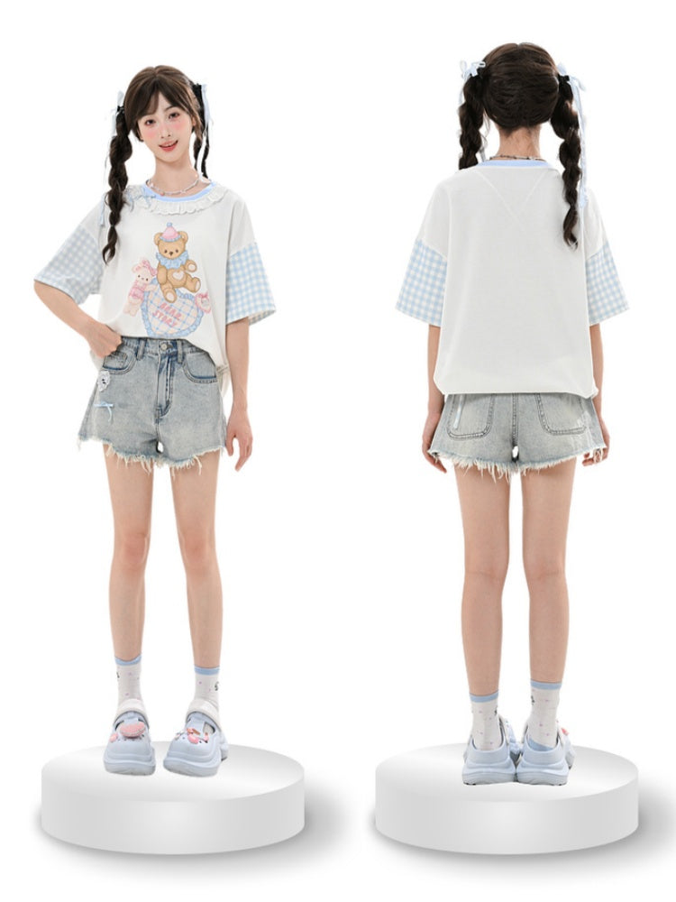 ヴィンテージデニムショートパンツ ブルー 切りっぱなし裾 ハートアクセント ライト