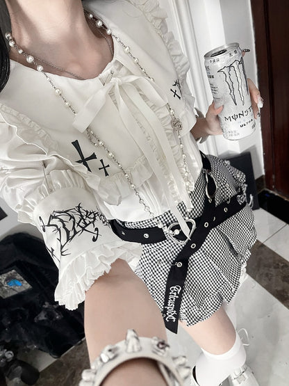 Front with Trimmed Short Tie Gothic Ruffle Bow Sleeve Eyelet Top Lacing White Metal Back