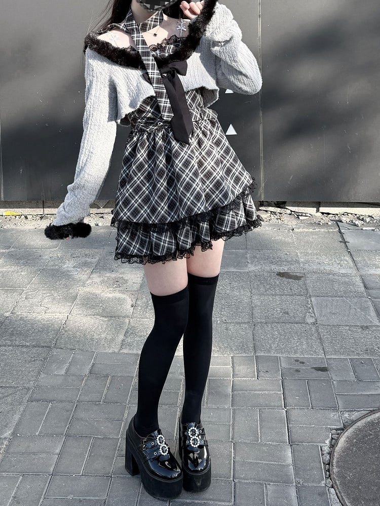 Plaid Heart Jirai Gray Two-Piece - with Crop Fuzzy Belt Trim Cami Top Kei Dress Set Buckle
