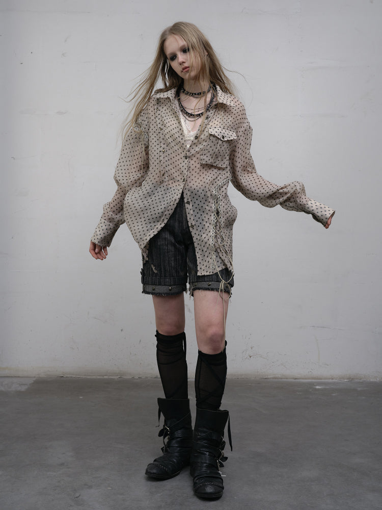 Apricot Laces Shirt with Cross-Tie Punk Dot Side Chiffon Polka Slits