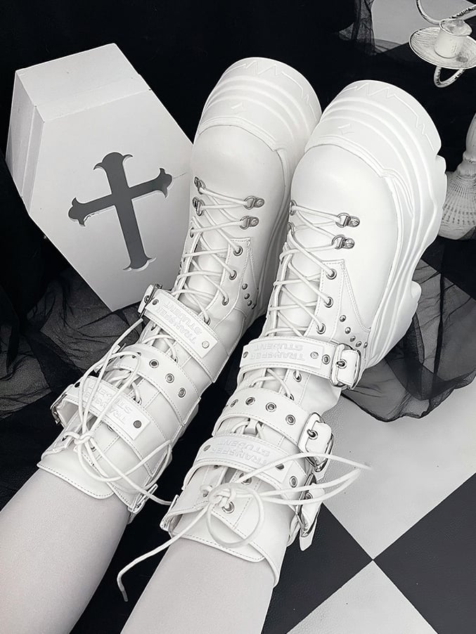 White in Boots System Kei Jirai Studs PU Platform Triple Details Fastening