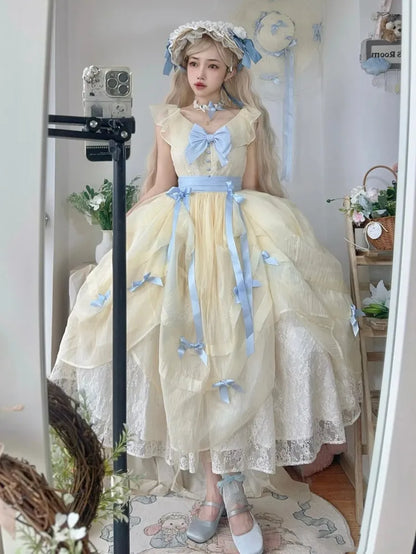Lolita V-neck Blue Belle with Yellow Princess Detachable Dress Bows