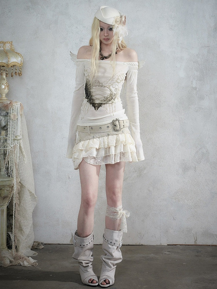 Off-White Heart Print Off-Shoulder Long Sleeve Flocked Knit Top with Back Cutout & Wing Decoration - NO ROMANCE