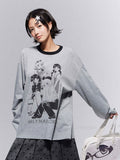 Print Top Neckline Crew Gray Casual Girl Trim with Anime Black