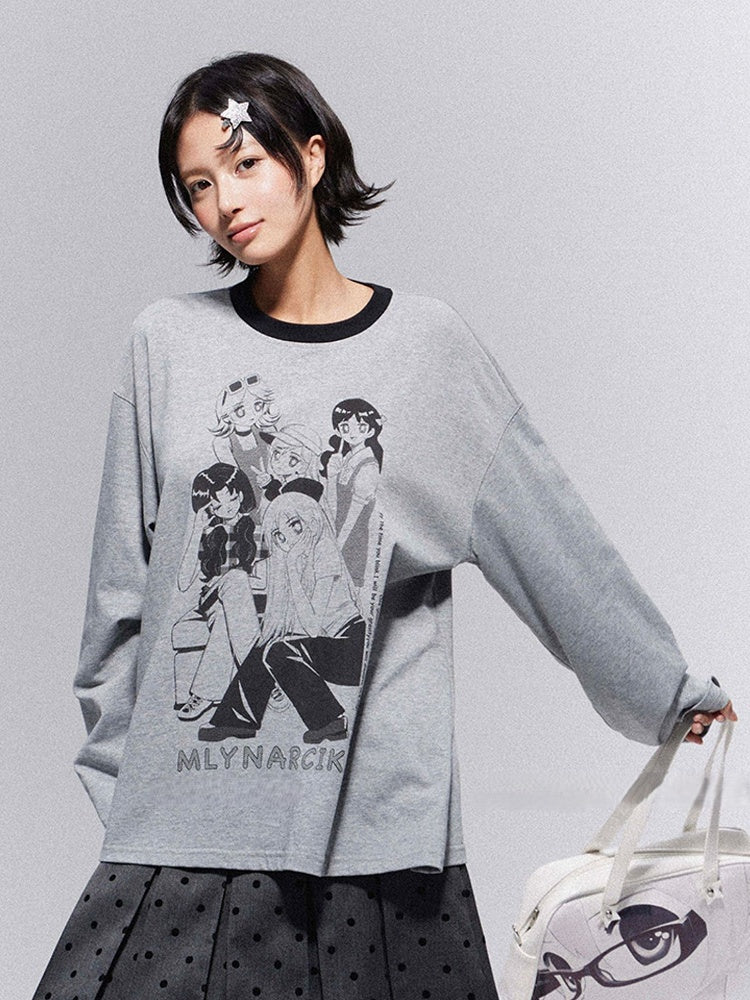 Print Top Neckline Crew Gray Casual Girl Trim with Anime Black