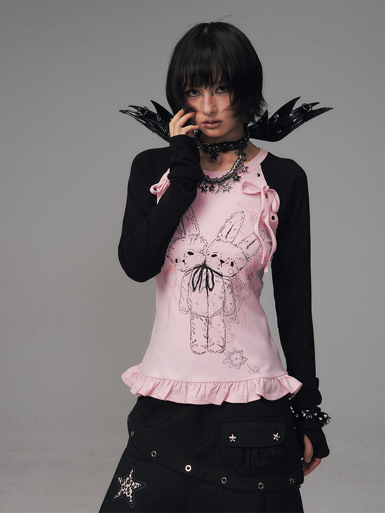 Raglan Details Sleeve Bowknot Long - BlackPink Kawaii Top