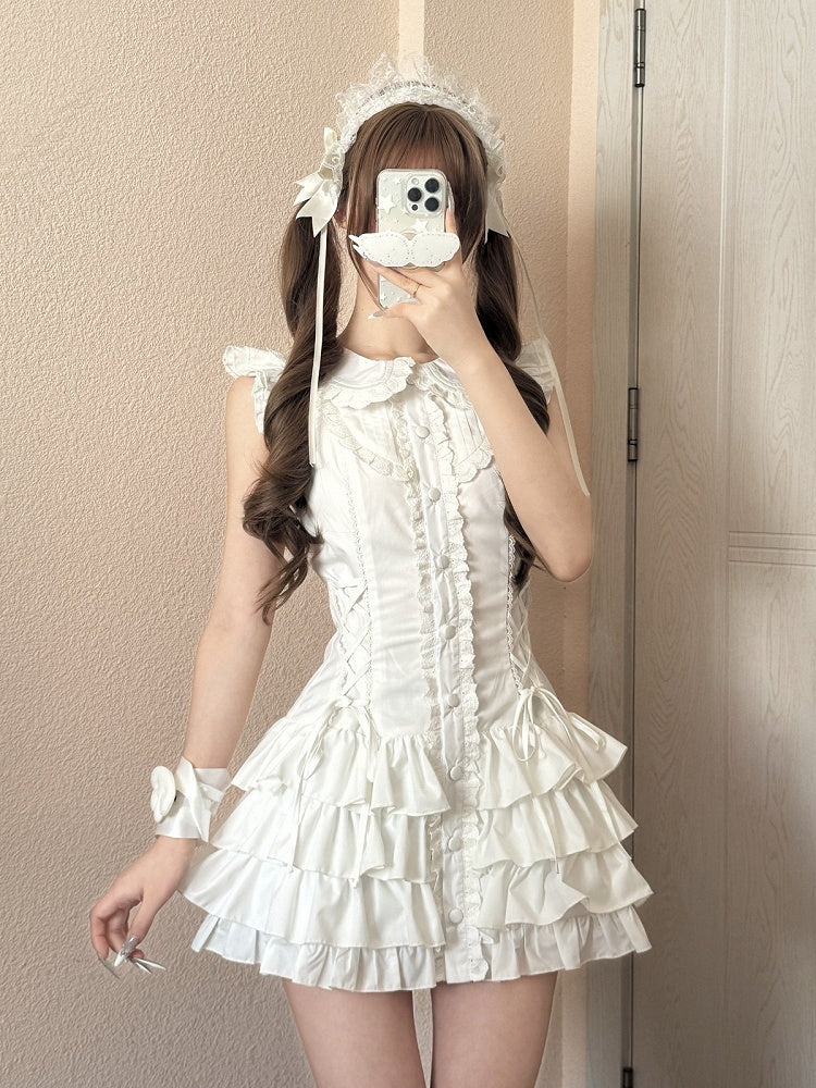 Sweet Kawaii White Peter Pan Collar Flutter Sleeves Tiered Dress - Jasmine White Original Design