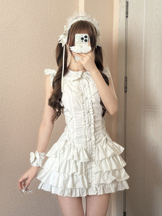 Sweet Kawaii White Peter Pan Collar Flutter Sleeves Tiered Dress - Jasmine White Original Design
