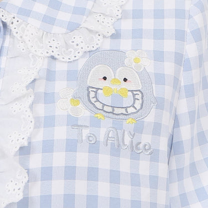 Little Penguin Blue Plaid Short Sleeves Blouse Lace Trim