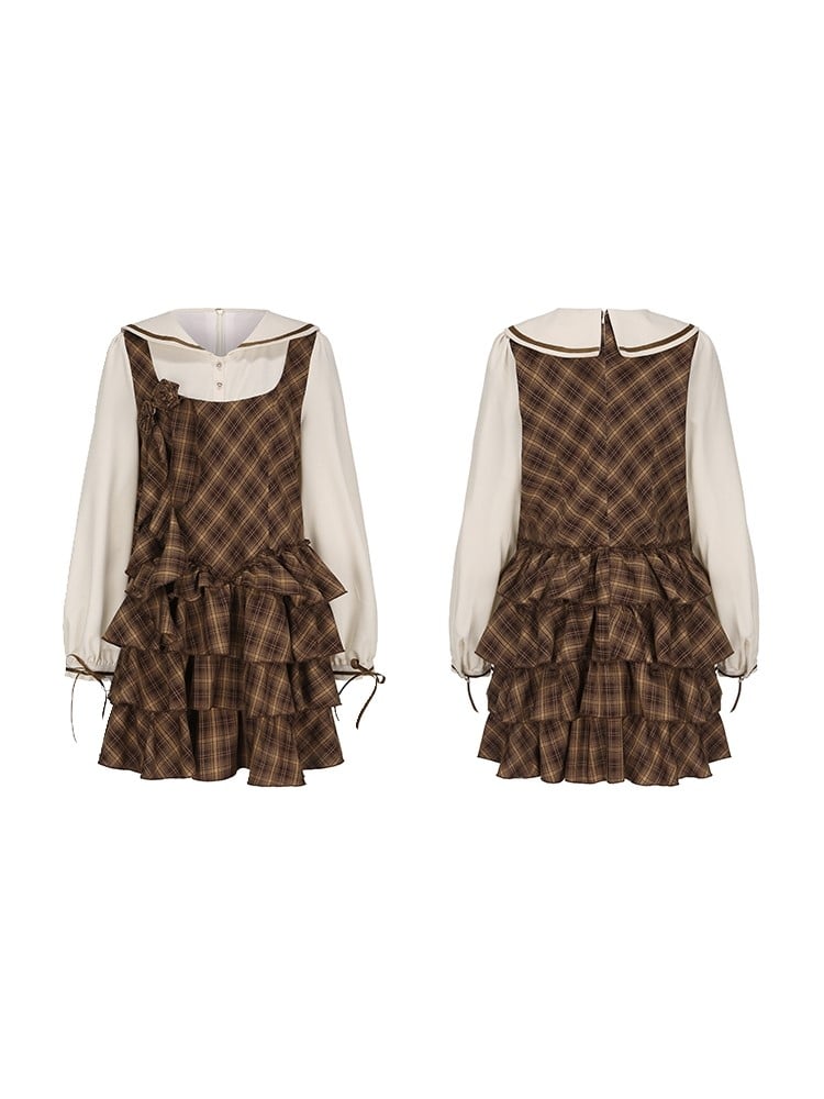 Detachable Preppy with Plaid Dress Plus Roses Brown Size Sailor Tiered Collar