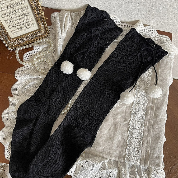Decoration Creamy Sockswith Knitted Cutout Calf Design Pom-pom White/Brown/Black