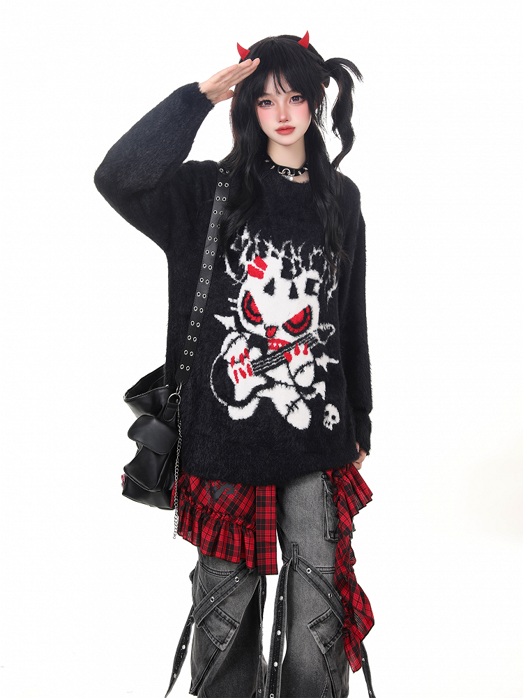 Design with Punk Rock Sweater Plush Black/Gray Guitarist Cartoon