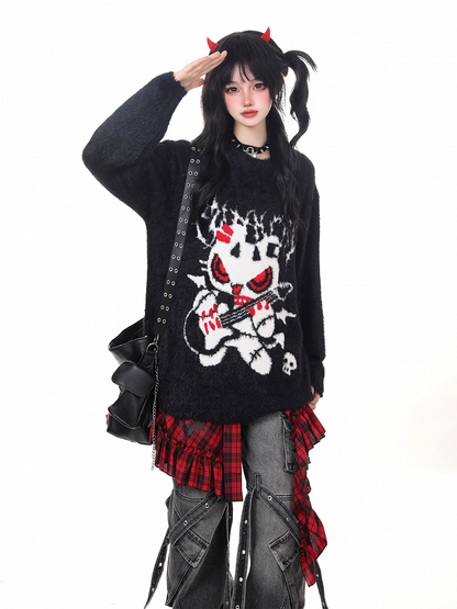 Design with Punk Rock Sweater Plush Black/Gray Guitarist Cartoon