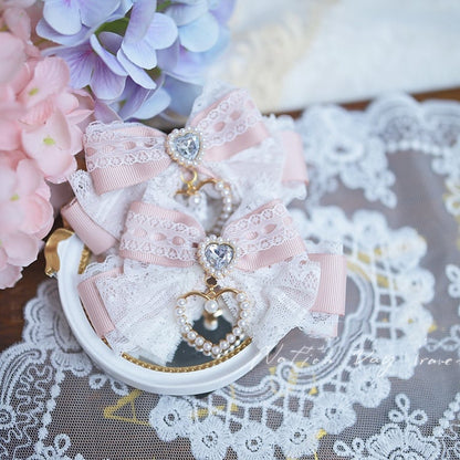 Heart Rhinestone Jirai Kei Lace Bow Hairclips Blue/BlackWhite/White Pink/Light Dusty