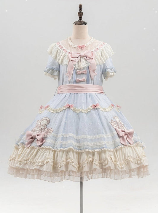 Bear Lolita Accents Bow Dress Sweet Neckline Beige and Patches Illusion Blue with