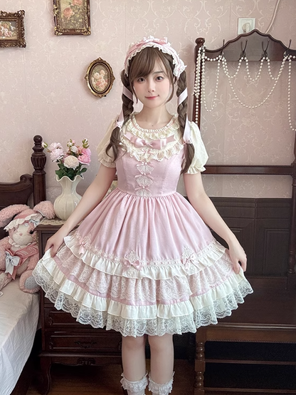 Sweet Lolita Dress Puff Sleeves Bowknot Light Details Pink OP Tiered Lace Trim