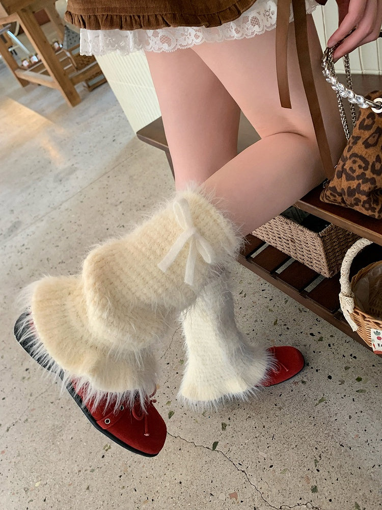 Fluffy Knit Bow Leg Warmers - Sweet Lolita Kawaii Accessory | LilyVow