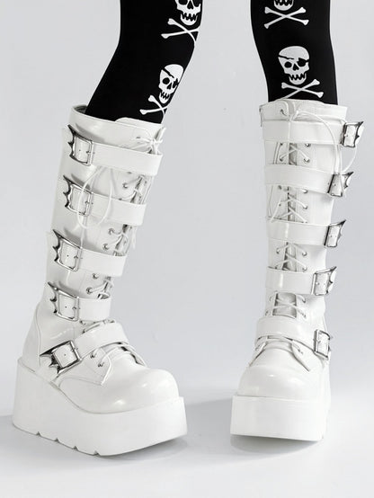 Bottes à plateforme blanches en PU style punk triple fermeture avec système à lacets, boucles et fermeture éclair à hauteur du genou