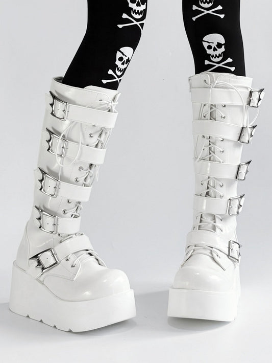 Boots PU White Platform Punk Triple Fastening with - Knee-High Lace/Buckle/Zip System