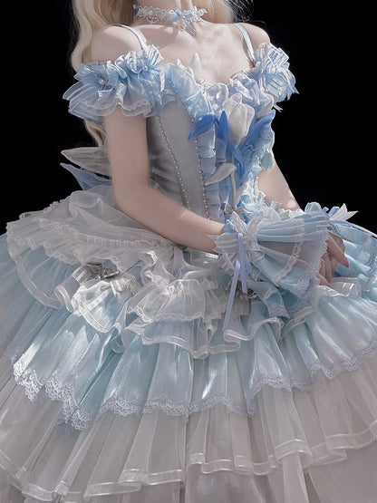 Mehrlagiges Balletcore-Thema, blaues Prinzessinnen-Lolita-Kleid, Rock, Tulpe