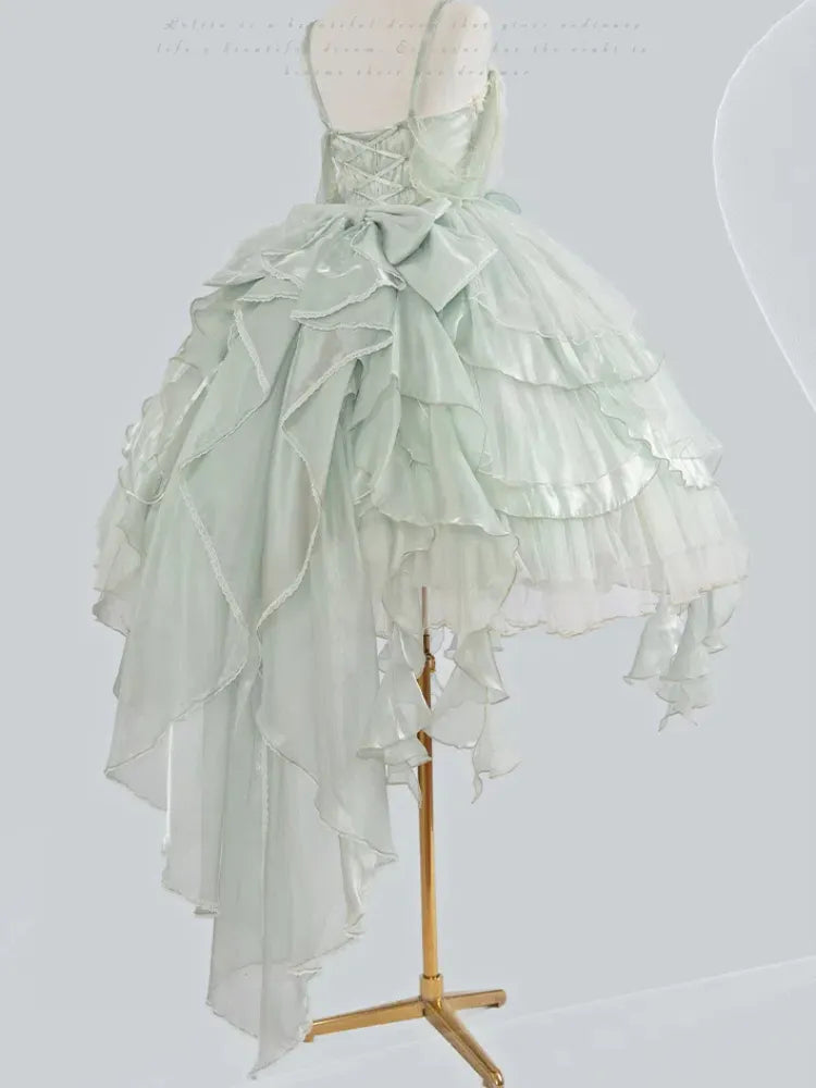 Rock mit mehrlagigem Feenkleid, Besatz, leichte Prinzessin, Lolita, kaskadierende Rüschen, grünes Korsett