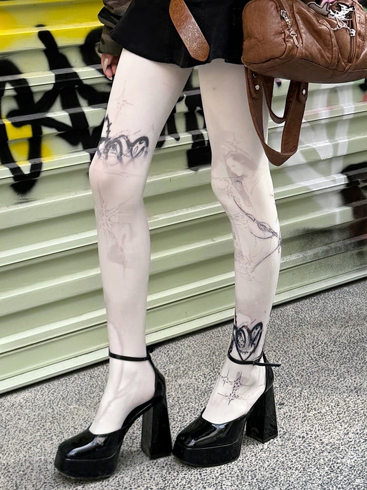 ホワイト 100D パンクプリントタイツ