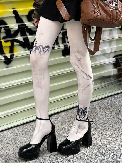 ホワイト 100D パンクプリントタイツ