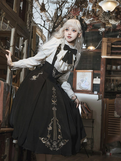 Jabot Top Black + Overall Juliette Shirt High Skirt Elegant Cropped Waist Sleeves Collar Lolita