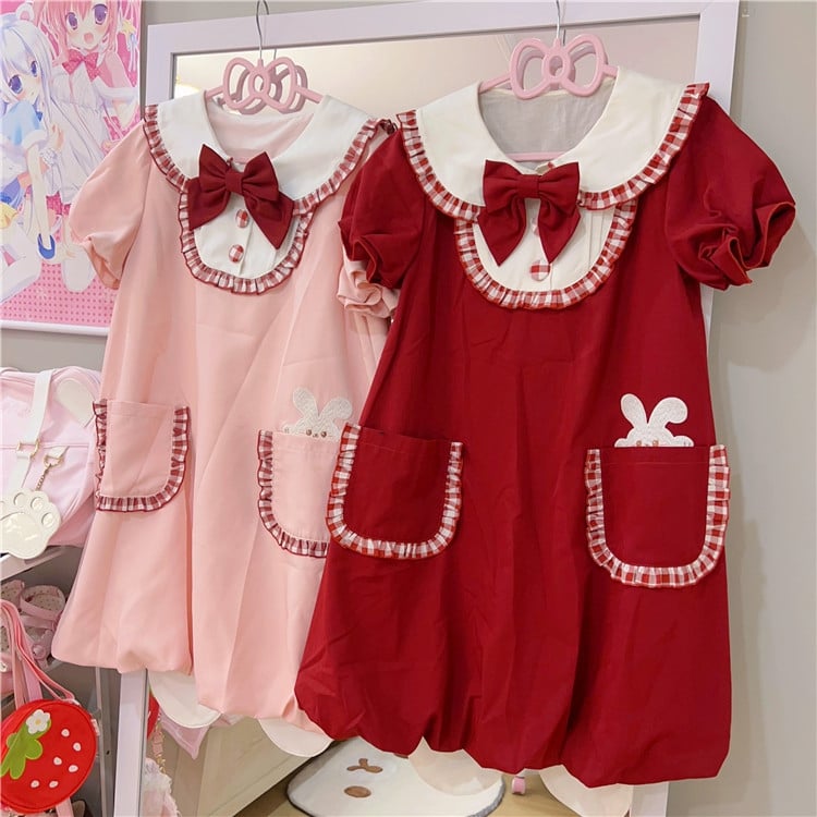 ワインレッドのバニー耳ピーターパンカラーバブルスカートドレス