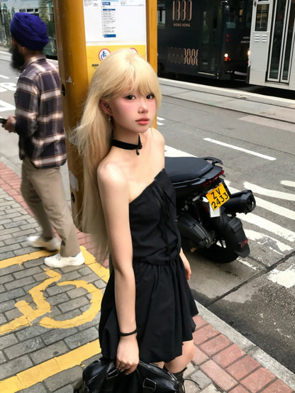 Rock Selbstbinden Strap Ausschnitt Glamouröses Trägerloses Kleid Schwarz Bubble