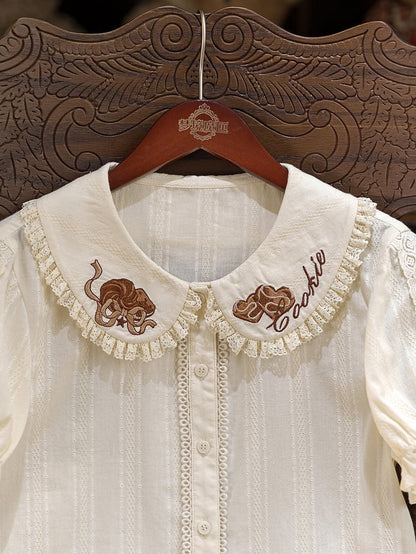 Chocolate Embroidery Collar Cream Short Sleeve Lolita Blouse - Dream Magic Box
