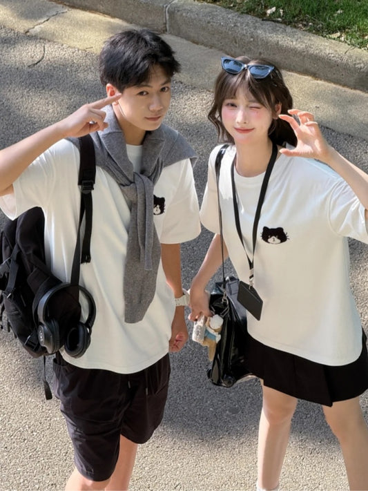 アップリケ ルーズ ホワイト ラウンドネック キティ 刺繍 Tシャツ