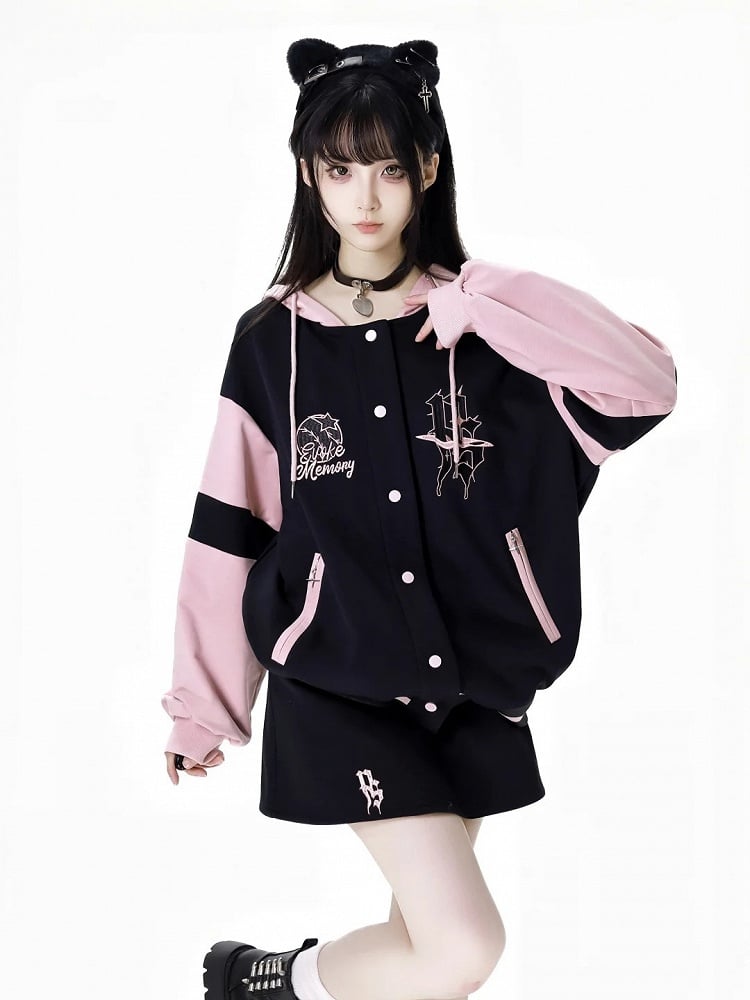 Schwarze und rosa Baseballjacke mit Kapuze, kurze/lange Version