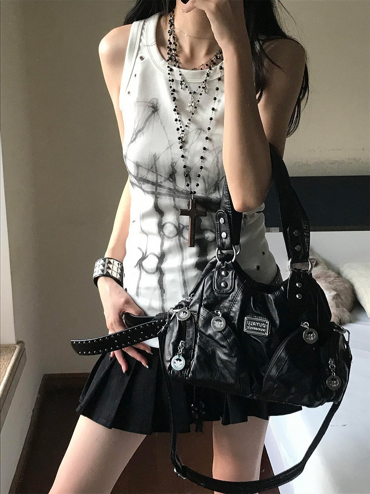Subcultural Sleeveless Top White Deocr Metal Eyelet Print with