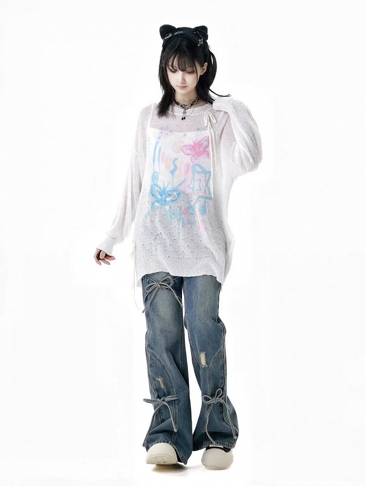 Jeans mit Schleifenakzenten, Schlaghose, Blau, verblasste Waschung, Distressed-Löcher, leicht