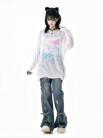 Jeans mit Schleifenakzenten, Schlaghose, Blau, verblasste Waschung, Distressed-Löcher, leicht