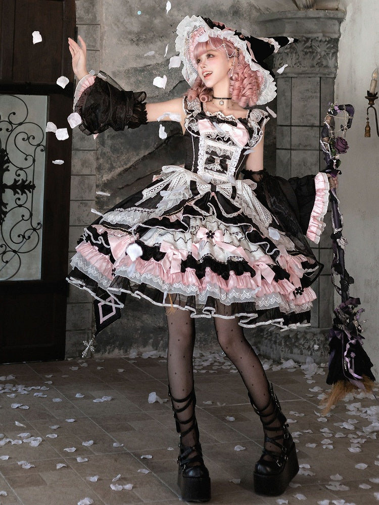 Witch-Themed Cross Accent Lolita JSK Full Ensemble in Black and Pink with Bow Train, Cape, Detachable Sleeves, Hat and Outer Sleeves - Felinae Cookie