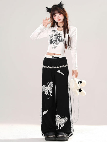 Black/White Lace Butterfly at Back Graphic Cropped Top