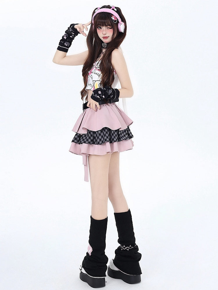 フリースカートベルトウエストピンクスイートティアード