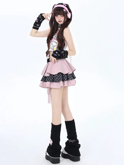 ピンクのティアードスカートとスイートフリーウエストベルト