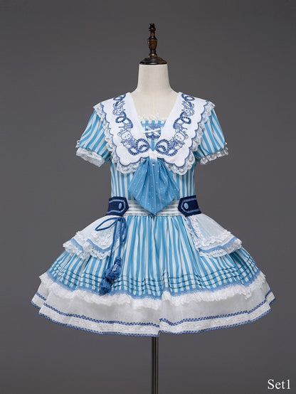 Light Blue Striped Low Waist Sailor Dress with Embroidery - Twin Bear Original Design