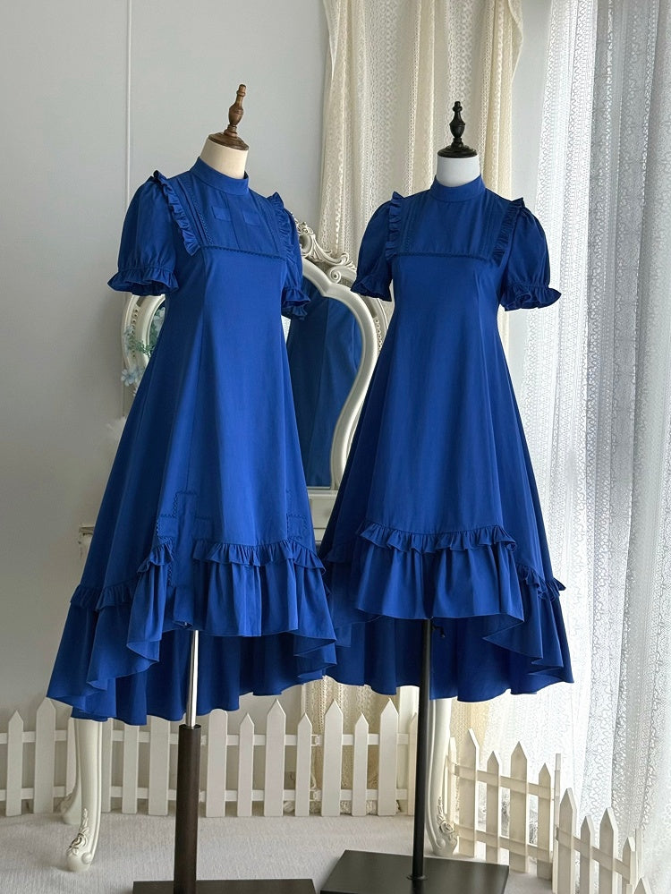 Klein Blue Gothic Lolita High-Low Ruffled Dress with Cross Patches - Blossom Herald